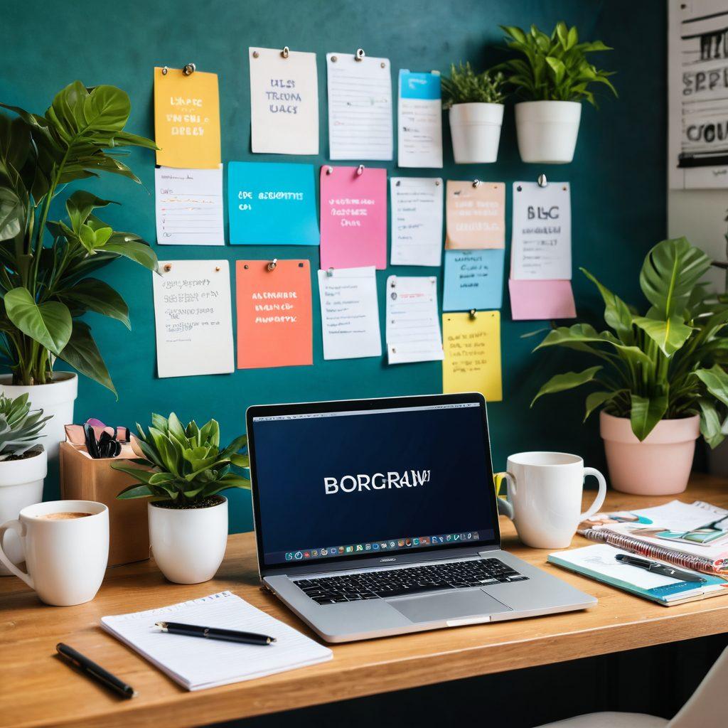 A vibrant scene depicting a lifestyle blog workspace, with a stylish laptop open to a colorful blog page about engaging content, surrounded by notepads, coffee cups, and inspirational quotes on the wall. Include lush plants and cozy lighting to create an inviting atmosphere. Focus on creativity and warmth, inviting the audience to feel inspired. super-realistic. vibrant colors. cozy setting.