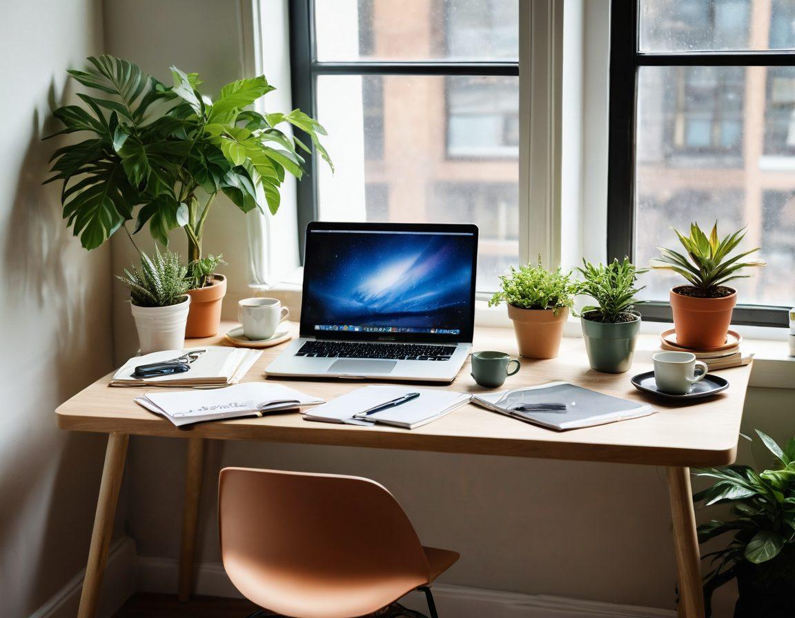 An inviting workspace featuring a laptop, vibrant notebooks, and a steaming cup of coffee. A mood board plastered with colorful images, stylish outfits, and travel snapshots creates a backdrop. Soft natural light streams through a window, casting playful shadows and enhancing the warm ambiance. A potted plant adds a touch of greenery, symbolizing growth and creativity. super-realistic. vibrant colors. soft focus.