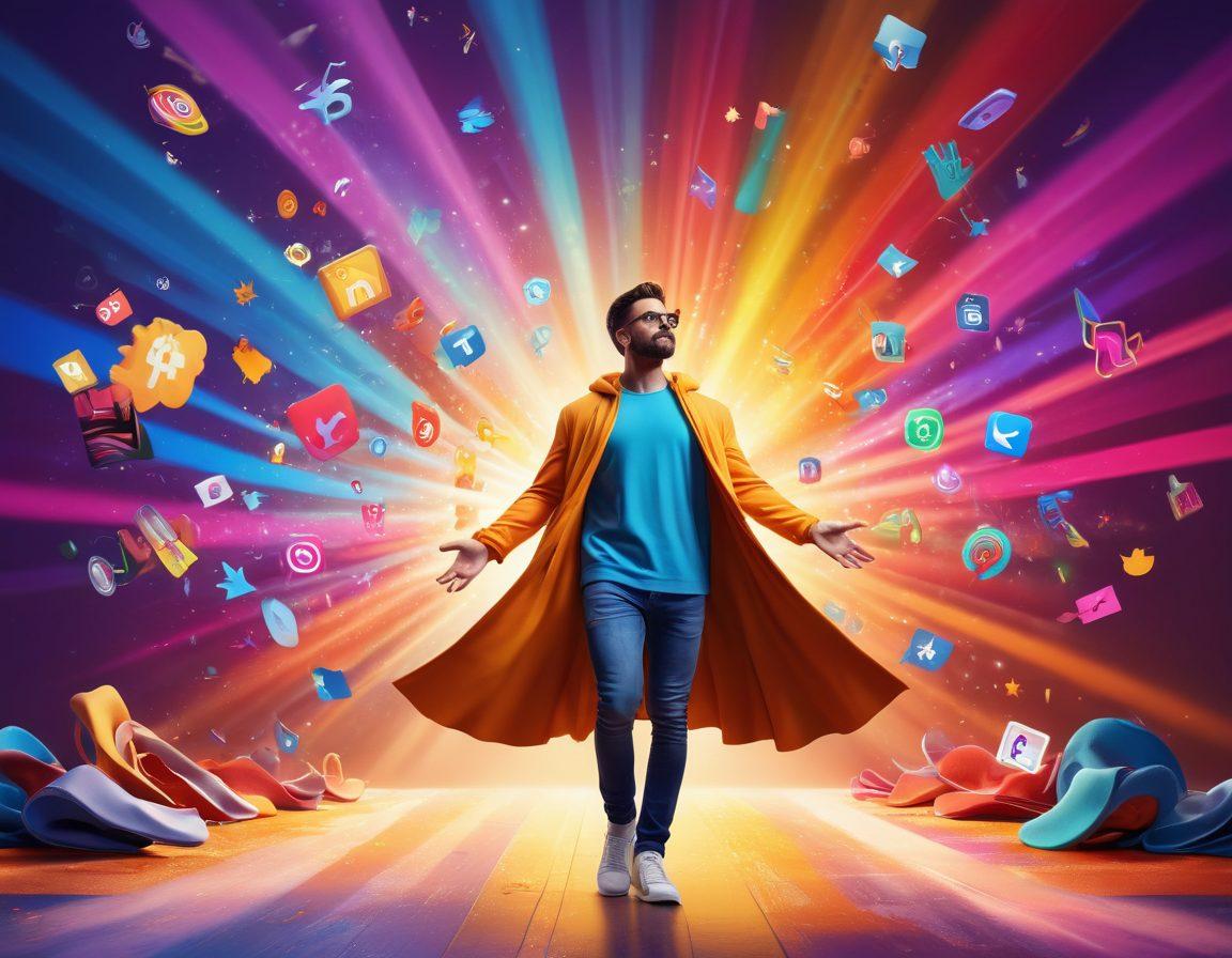 A dynamic scene depicting a person transforming from an ordinary figure into an extraordinary influencer, surrounded by swirling vibrant colors representing creativity and identity. In the background, various symbols of social media platforms and personal branding elements, like logos and hashtags, are elegantly placed. The individual's clothing evolves from casual to stylish and impactful, showcasing confidence and charisma. An uplifting atmosphere with rays of light shining down, emphasizing the journey of personal growth. super-realistic. vibrant colors. 3D.